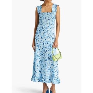 GANNI Shirred Blue Floral Midi Dress